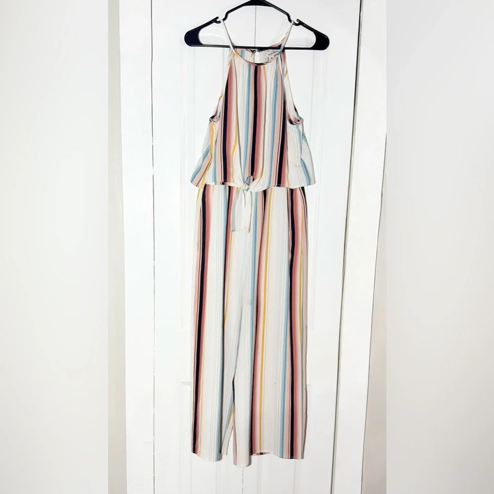 Speechless Romper Jumpsuit Size M Striped Halter Tie Front Wide Leg Boho - Picture 2 of 8
